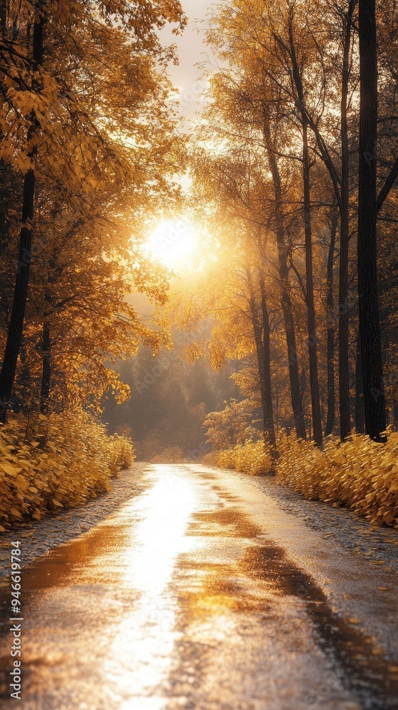 Fototapeta premium Autumn road reflecting sunlight creating magical scene