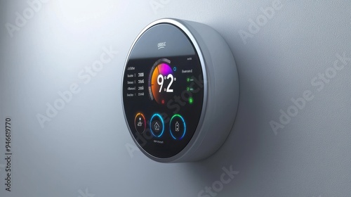 A smart thermostat interface showing energy usage analytics, real-time temperature control, and integration with other smart devices, representing energy efficiency and the interconnected nature of