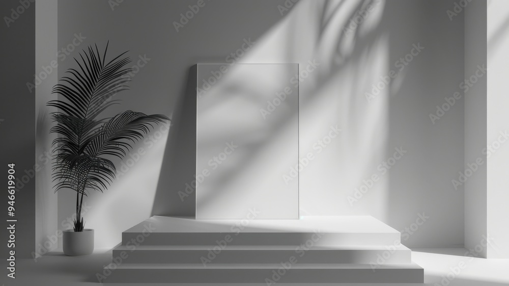 Fototapeta premium Monochrome interior with potted plant and shadows..