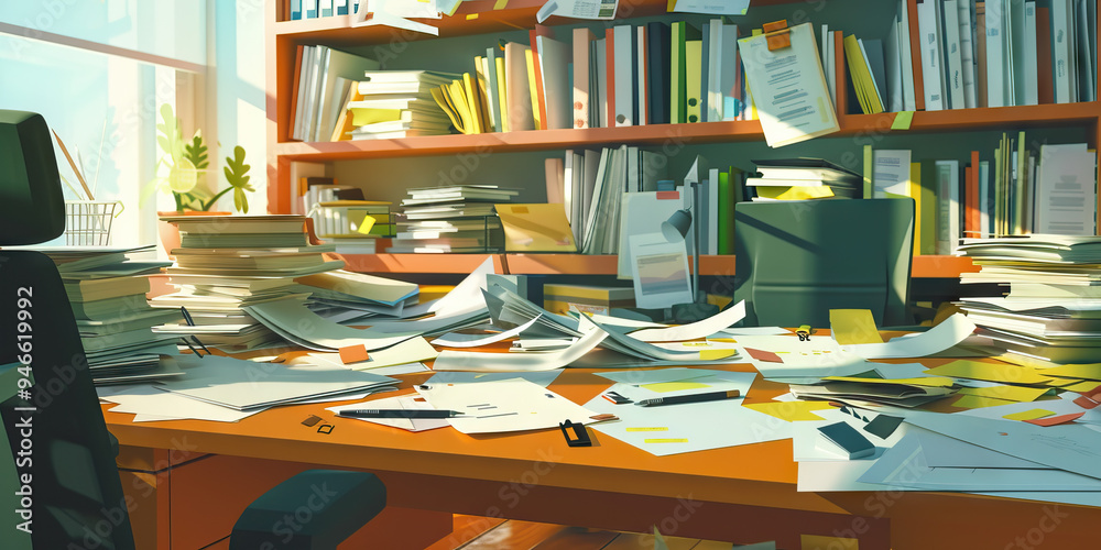 A cluttered desk with papers scattered about, creating a chaotic yet visually intriguing background for a work-related photo. A cluttered desk with papers scattered about, creating a chaotic yet visually intriguing background for a work-related photo.
