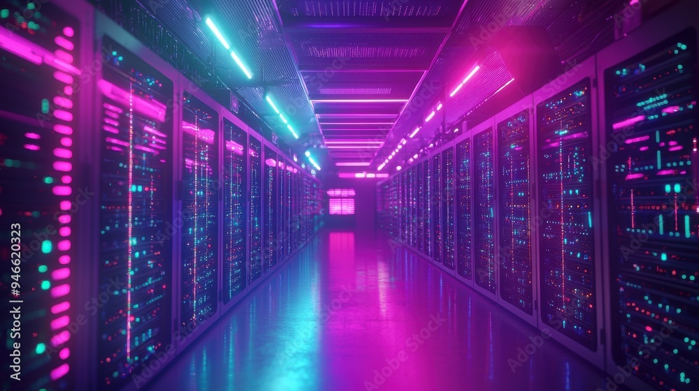 A high-tech data center with rows of servers, blinking lights, and AI-driven monitoring systems processing massive amounts of data in real-time, showcasing the power of advanced computing technology A high-tech data center with rows of servers, blinking lights, and AI-driven monitoring systems processing massive amounts of data in real-time, showcasing the power of advanced computing technology