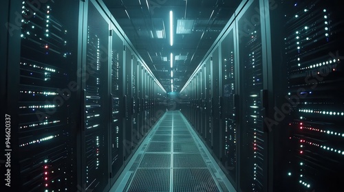 A high-tech data center with rows of servers, blinking lights, and AI-driven monitoring systems processing massive amounts of data in real-time, showcasing the power of advanced computing technology