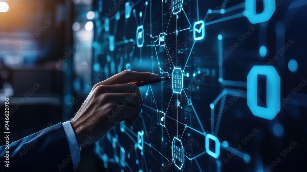 A business professional using a blockchain platform to manage digital transactions. The background features a sleek, modern office with high-tech equipment, highlighting the role of blockchain A business professional using a blockchain platform to manage digital transactions. The background features a sleek, modern office with high-tech equipment, highlighting the role of blockchain