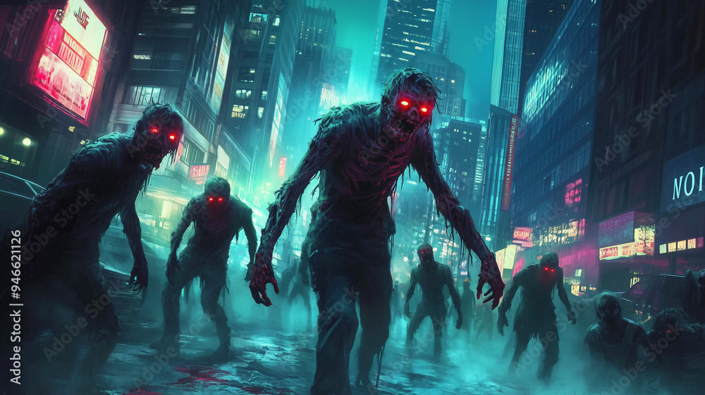 Fototapeta premium A horde of decaying zombies wander through a deserted city at night
