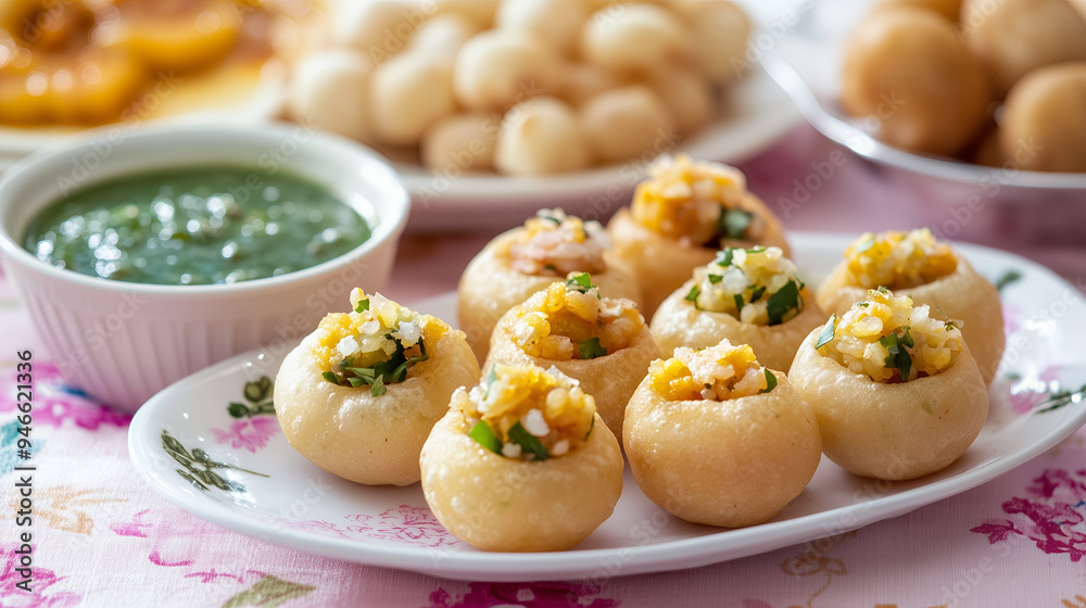 Golgappa in a plate with green chutney Golgappa in a plate with green chutney