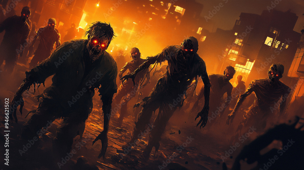 A horde of decaying zombies wander through a deserted city at night A horde of decaying zombies wander through a deserted city at night