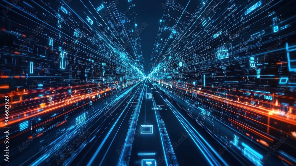 A 5G technology and digital communication concept showcasing the speed and efficiency of the next-generation network, with visual representations of data streams and connected devices, illustrating