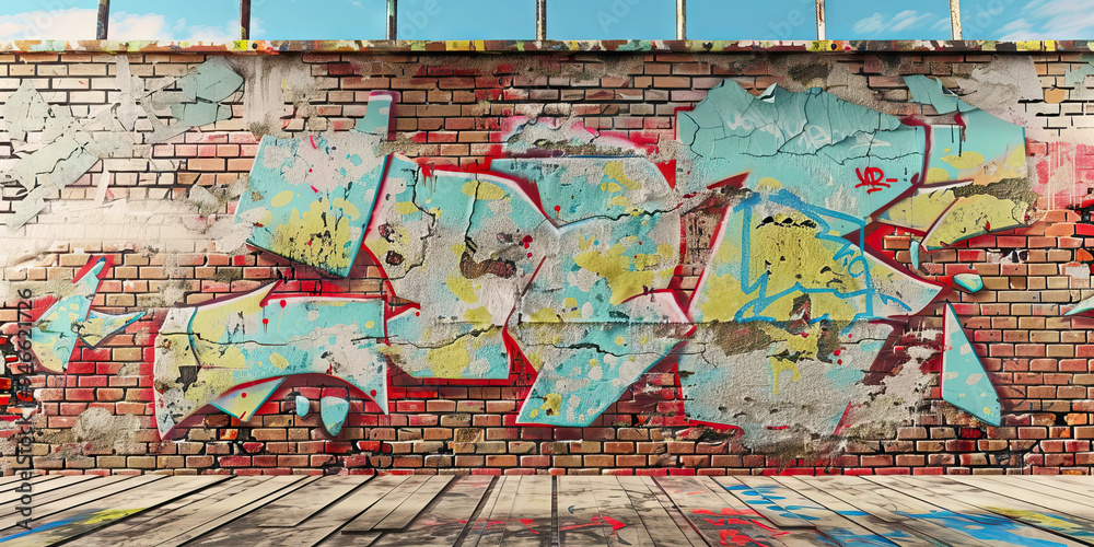 A brick wall adorned with peeling paint and vibrant graffiti, adding depth and character to an industrial-inspired scene.