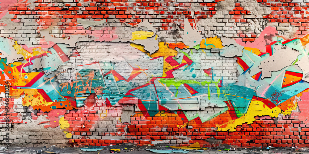 Obraz premium A brick wall adorned with peeling paint and vibrant graffiti, adding depth and character to an industrial-inspired scene.