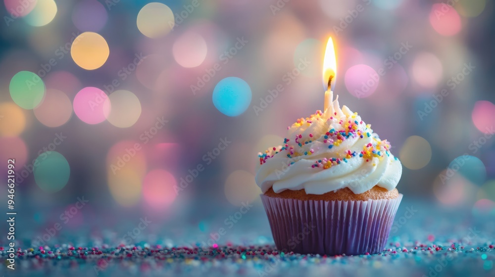Sprinkled cupcake with a burning candle. Colorful lights at bokeh background with copy space. Sweet dessert for birthday Sprinkled cupcake with a burning candle. Colorful lights at bokeh background with copy space. Sweet dessert for birthday