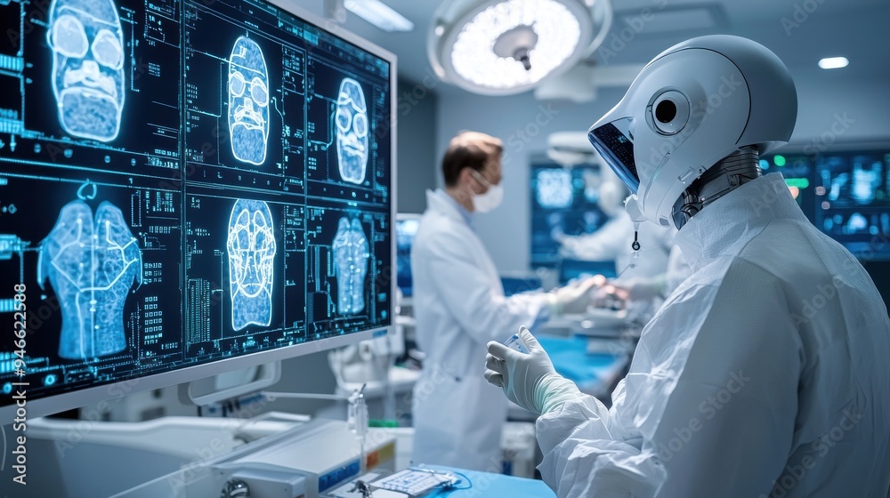A high-tech hospital setting where AI-driven robots assist doctors in surgery with precision and efficiency while data is being monitored and analyzed on large digital displays A high-tech hospital setting where AI-driven robots assist doctors in surgery with precision and efficiency while data is being monitored and analyzed on large digital displays
