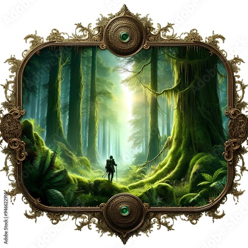 Majestic Forest Landscape with Wanderer, Lush Greenery, Sunlight Piercing Through Ancient Trees, Intricate Ornate Gold Frame with Emerald Accent, Serene and Mystical Nature Adventure photo