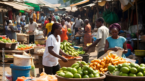 Vibrant and bustling daily life snapshot of a Fruits and Vegetable market in Ghana photo