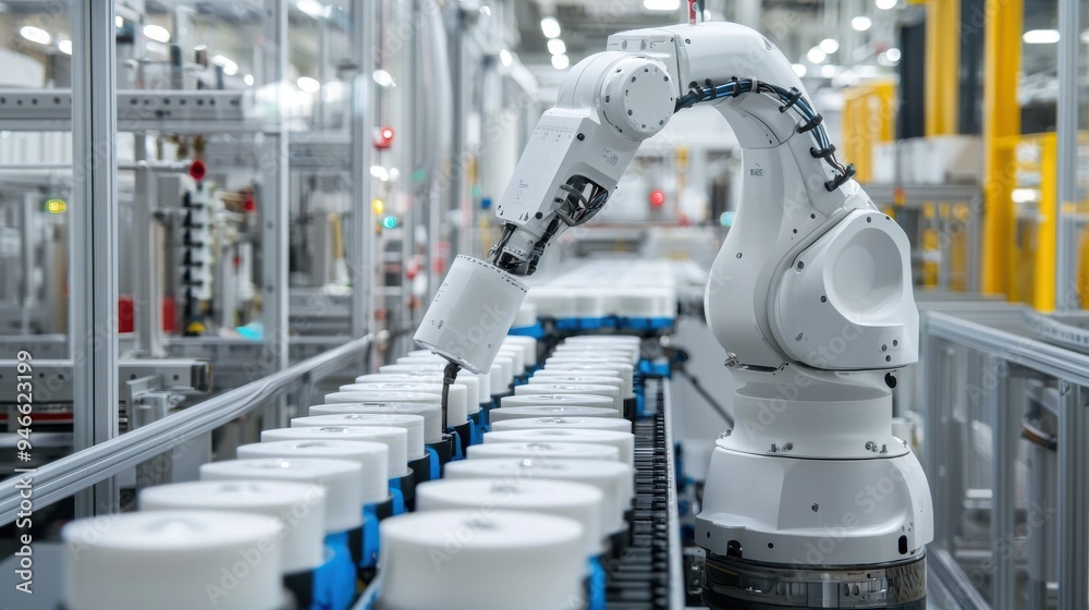 An industrial robot performing precise, automated tasks on a production line with minimal human supervision in a clean, organized manufacturing facility An industrial robot performing precise, automated tasks on a production line with minimal human supervision in a clean, organized manufacturing facility