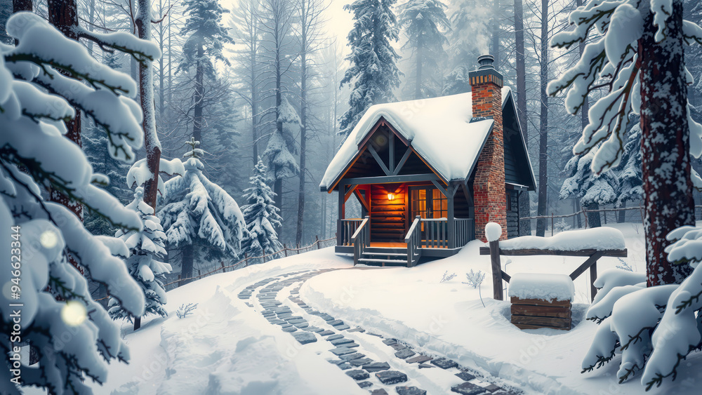Snow-covered cabin in a winter forest Snow-covered cabin in a winter forest