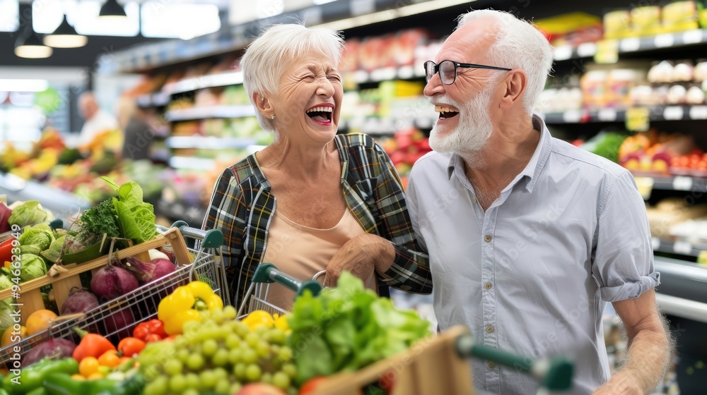 Happy senior couple, grocery shopping for fresh produce, laughing together, realistic photo, 8k resolution. Happy senior couple, grocery shopping for fresh produce, laughing together, realistic photo, 8k resolution.