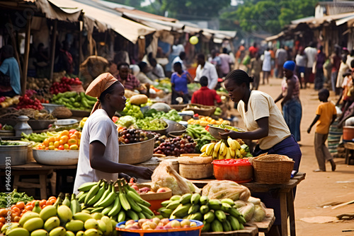 Vibrant and bustling daily life snapshot of a Fruits and Vegetable market in Ghana