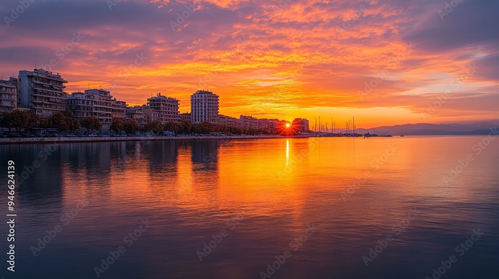 Fototapeta premium Sunset over Thessaloniki harbor, Greece