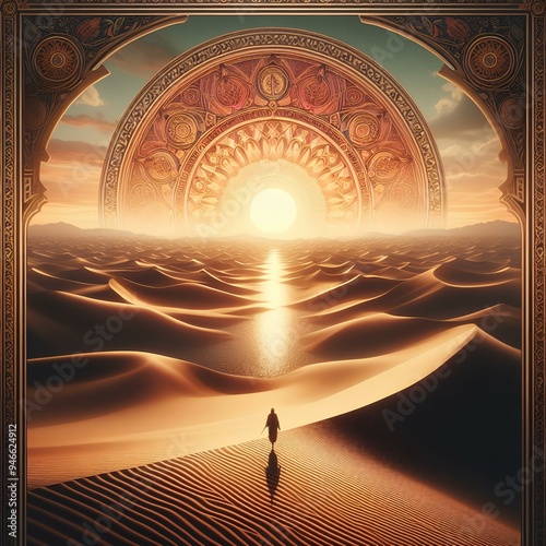 Path of Heaven Glorious Sunset Over Expansive Desert Dunes, Solitary Traveler Silhouetted in Warm Golden Light, Ornate Framed Mystical Scene, Journey through Endless Sands and Radiant Sky photo