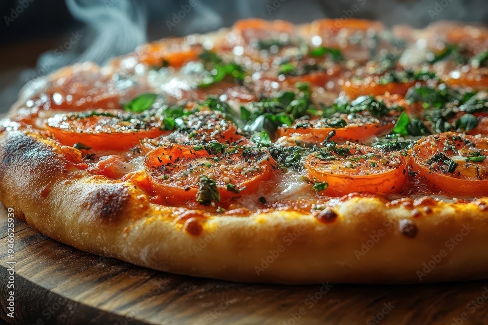 artisanal woodfired pizza with gourmet toppings on rustic wooden table steam rising dramatic lighting focus on textures and colors of fresh ingredients artisanal woodfired pizza with gourmet toppings on rustic wooden table steam rising dramatic lighting focus on textures and colors of fresh ingredients
