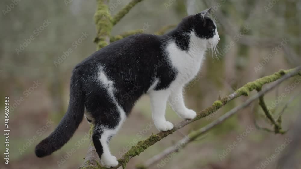 Cat balancing on branch of tree in forest in autumn. Pet animal outside in fall season Cat balancing on branch of tree in forest in autumn. Pet animal outside in fall season