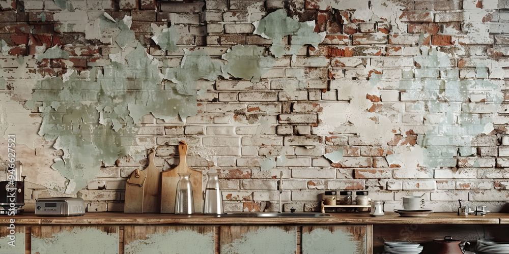 A distressed brick wall with layers of paint peeling off, adding character and age to an industrial-chic kitchen. A distressed brick wall with layers of paint peeling off, adding character and age to an industrial-chic kitchen.
