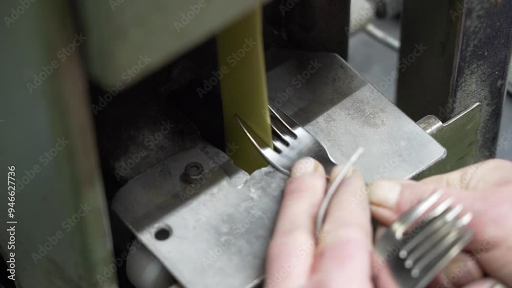 Slow-motion handheld shot of a worker grinding fork tines with an industrial machine in a cutlery factory. Slow-motion handheld shot of a worker grinding fork tines with an industrial machine in a cutlery factory.