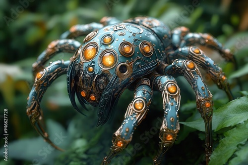 biomechanical forest sentinel intricate mechanical spider with gleaming metallic legs and glowing eyes perched vigilantly amidst lush mysterious forest backdrop photo