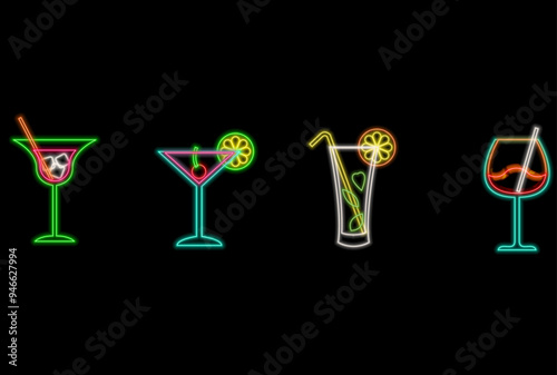 Cocktail icon neon on light background. Holiday banner design. Party decoration. Vector illustration