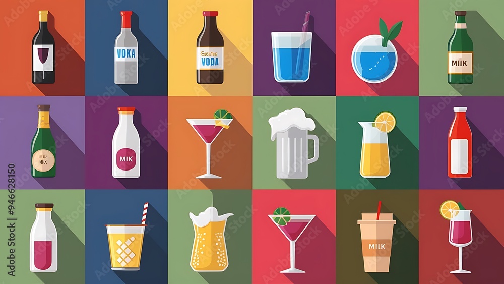 Beverages, cocktails and drinks flat icons of wine and beer, vodka and water, soda and juice, milk and champagne bottles, beer tankards Beverages, cocktails and drinks flat icons of wine and beer, vodka and water, soda and juice, milk and champagne bottles, beer tankards
