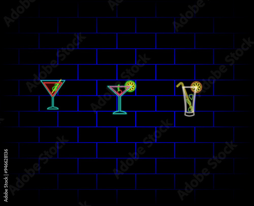 Cocktail with Umbrella Neon Sign. Vector Illustration of Tool Promotion.