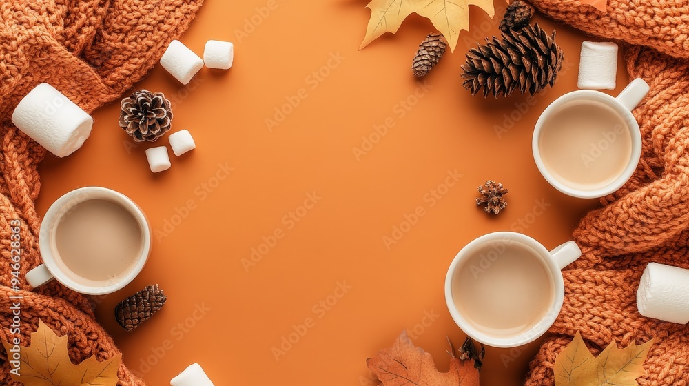 Frame of autumn vibes concept with warm cozy items, autumn leaves, coffee cups, small marshmallows, cookies, apples, pinecones and knitted blanket on flat light background Frame of autumn vibes concept with warm cozy items, autumn leaves, coffee cups, small marshmallows, cookies, apples, pinecones and knitted blanket on flat light background