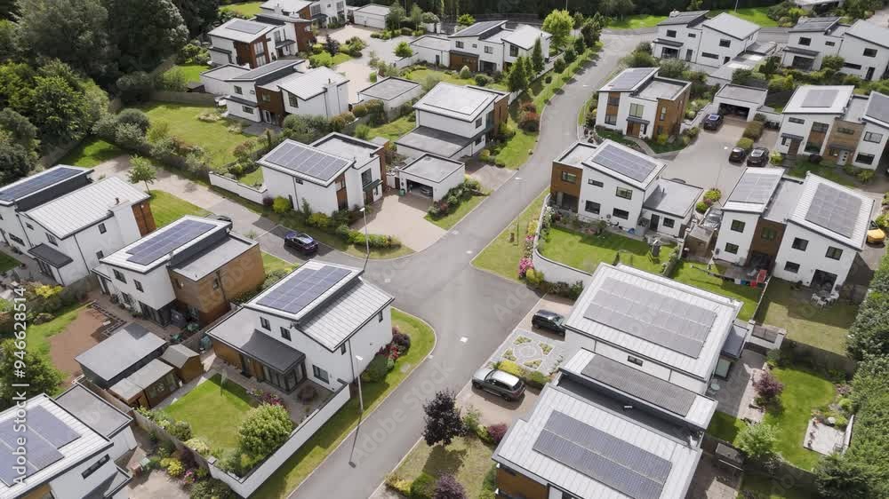 Aerial rising view capturing newly built eco-friendly homes with solar roofs, nestled within a green and spacious residential estate, UK