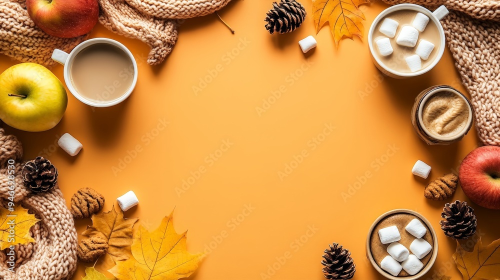 Frame of autumn vibes concept with warm cozy items, autumn leaves, coffee cups, small marshmallows, cookies, apples, pinecones and knitted blanket on flat light background Frame of autumn vibes concept with warm cozy items, autumn leaves, coffee cups, small marshmallows, cookies, apples, pinecones and knitted blanket on flat light background
