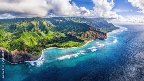 Aerial View of Lush Green Mountains Meeting the Azure Ocean with White-Capped Waves