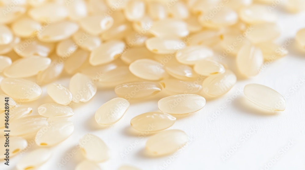 Close-up of uncooked jasmine rice grains spread out on a white background, highlighting their uniform shape and smooth texture, no people. Close-up of uncooked jasmine rice grains spread out on a white background, highlighting their uniform shape and smooth texture, no people.