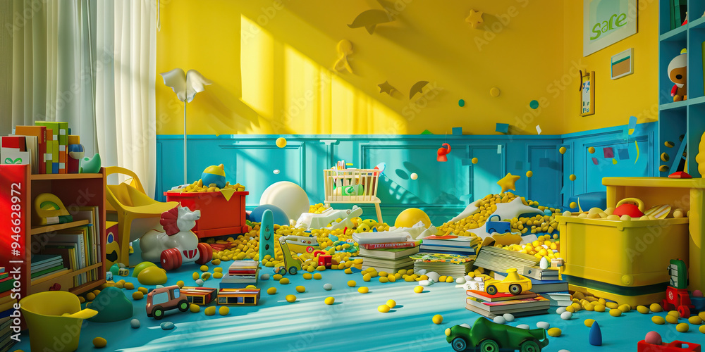 A colorful array of toys and books scattered across the floor, creating a whimsical, yet disorganized atmosphere. With a pop of yellow and blue throughout.