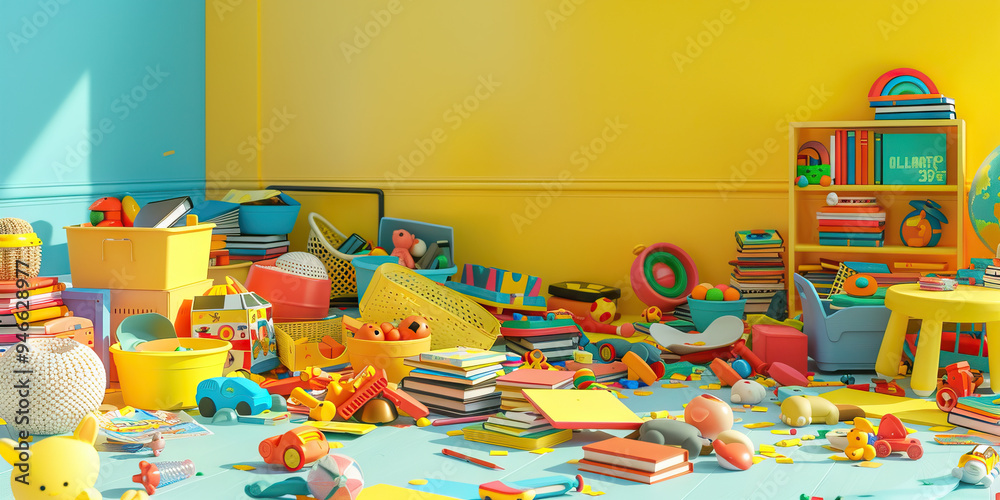 Naklejka premium A colorful array of toys and books scattered across the floor, creating a whimsical, yet disorganized atmosphere. With a pop of yellow and blue throughout.