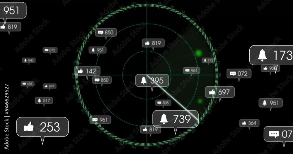 Radar screen animation with social media notifications and likes Radar screen animation with social media notifications and likes