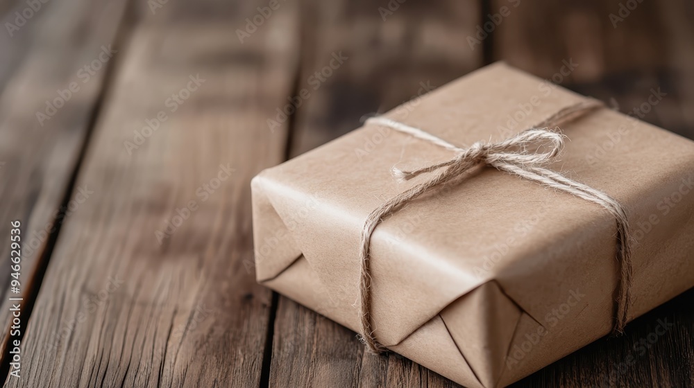 This charming image shows a rustic gift wrapped in brown kraft paper, elegantly tied with simple twine on a wooden table, embodying a handmade, warm, and sincere touch. This charming image shows a rustic gift wrapped in brown kraft paper, elegantly tied with simple twine on a wooden table, embodying a handmade, warm, and sincere touch.