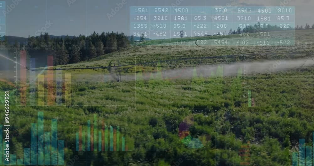 Agricultural data analysis animation over farmers working in green field