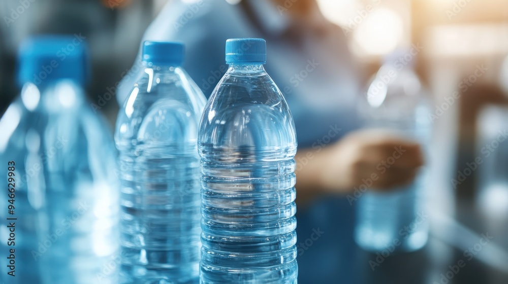 Close-up view of several transparent plastic water bottles with blue caps, arranged in a row with a blurred background, representing hydration, health, and cleanliness. Close-up view of several transparent plastic water bottles with blue caps, arranged in a row with a blurred background, representing hydration, health, and cleanliness.