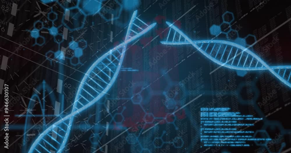 DNA strands and molecular structures, scientific data processing animation DNA strands and molecular structures, scientific data processing animation