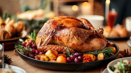 A beautifully roasted turkey served on a festive table surrounded by autumn leaves, pumpkins, and warm candlelight, perfect for a cozy Thanksgiving dinner