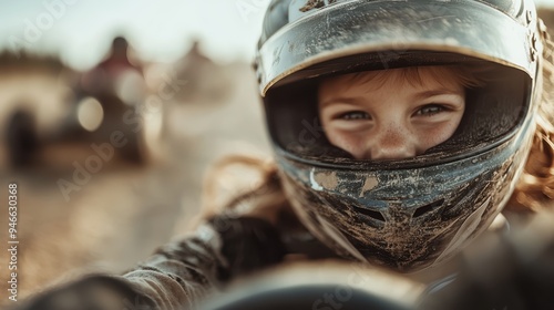 A dirt racer is captured in action, their face fully focused as they zoom along a dirt track, showcasing the intense thrill and dynamic movement of the race.