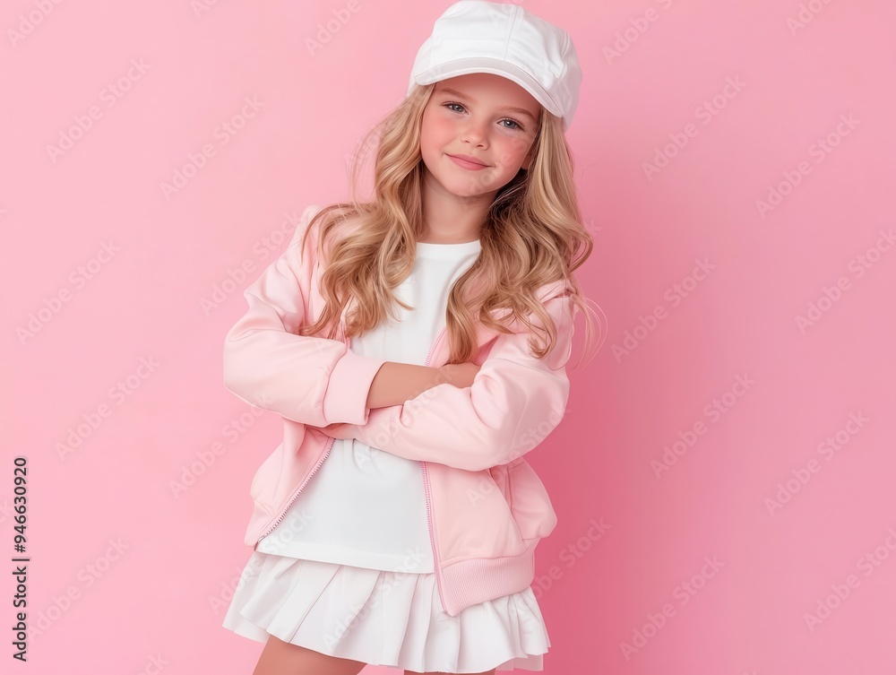 Little girl in a fashion modelโ€s outfit posing, children, modeling career, isolated on a pastel pink background, looking confident and stylish. Little girl in a fashion modelโ€s outfit posing, children, modeling career, isolated on a pastel pink background, looking confident and stylish.