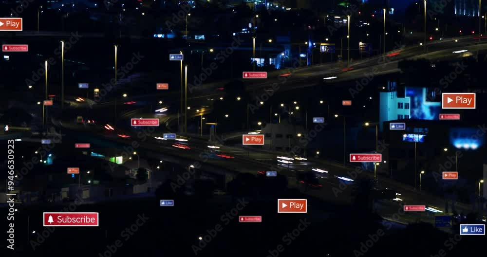 Subscribe and play buttons animation over night city traffic scene