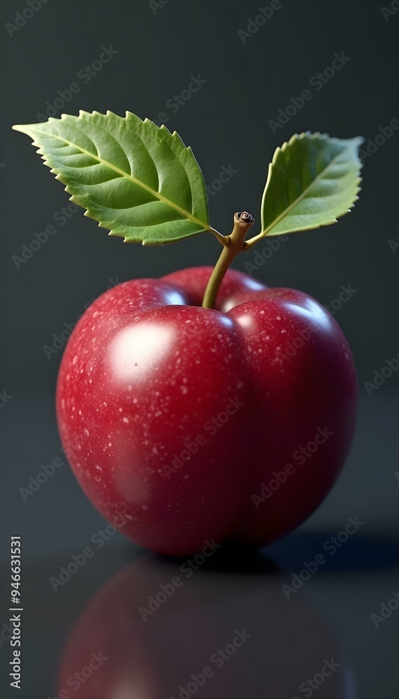 A plum with green leaves rendered in 3D A plum with green leaves rendered in 3D