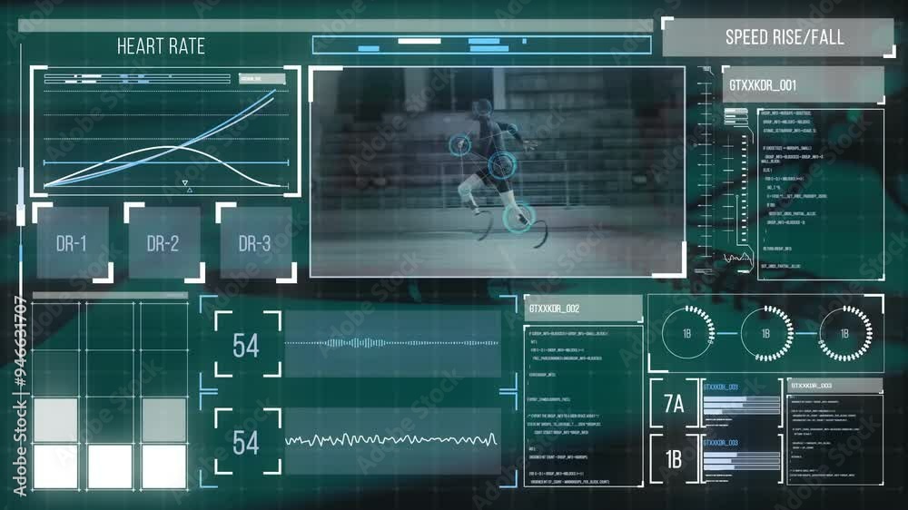 Heart rate and speed rise/fall data animation over cyclist in motion Heart rate and speed rise/fall data animation over cyclist in motion