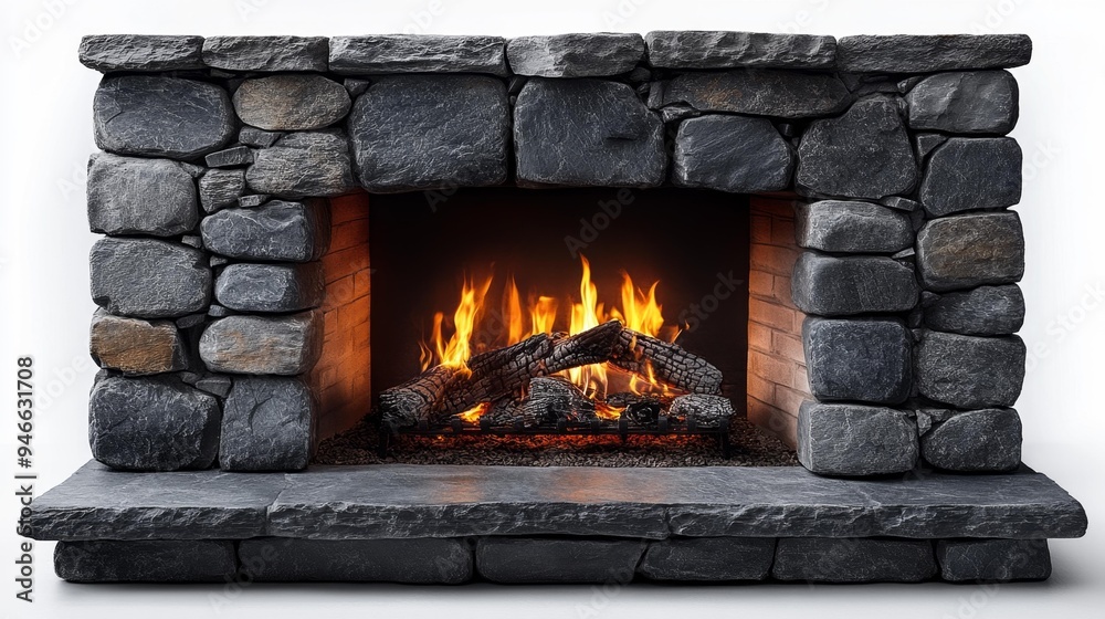 Stone Fireplace with Burning Fire Generative AI Stone Fireplace with Burning Fire Generative AI